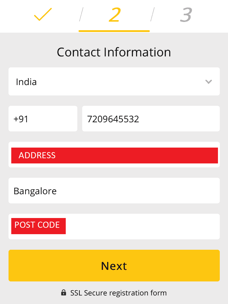Screenshot of where you Enter your phone number and address in the sign-up process at 10CRIC