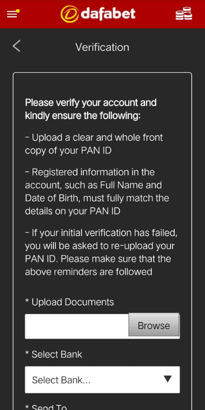 Dafabet account verification during deposit.