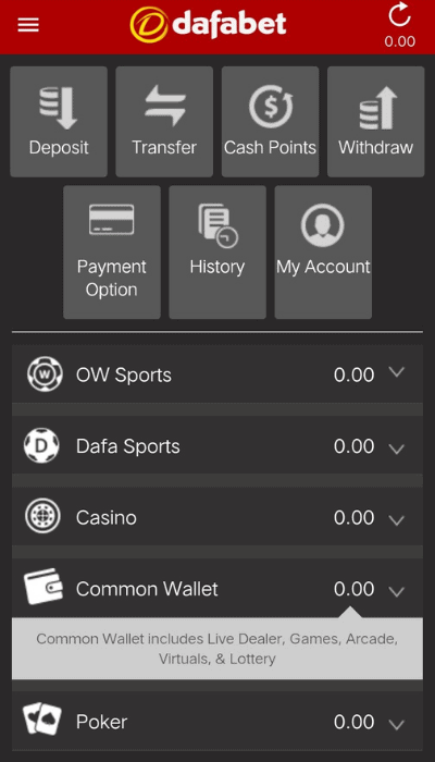 Select the wallet you want to top up in your Dafabet account
