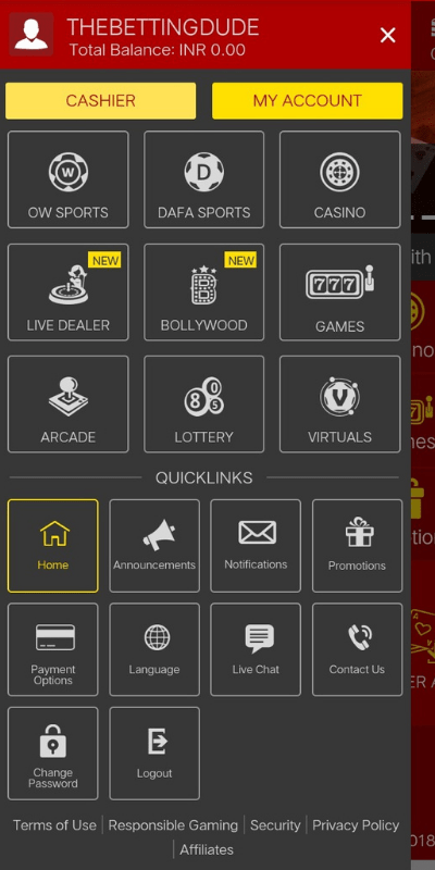 Tap on Cashier Icon in your Dafabet Account to add funds