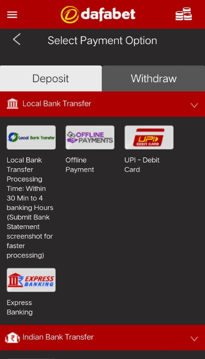 Choose from the available payment options to add funds to your Dafabet account.