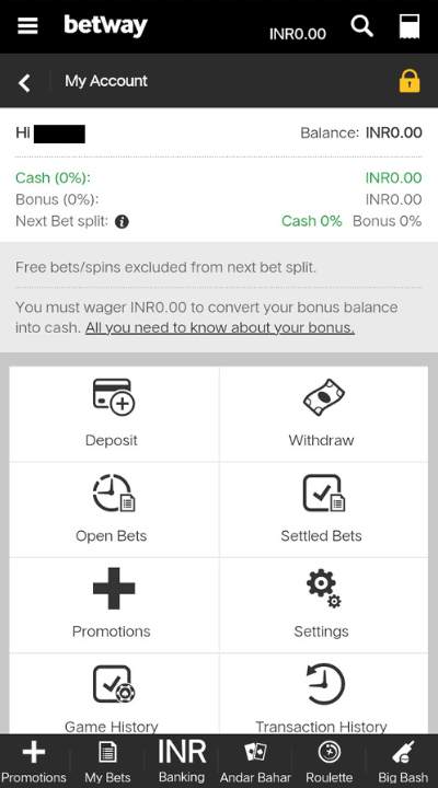 Click on INR Banking or Deposit in your Betway Account to deposit money