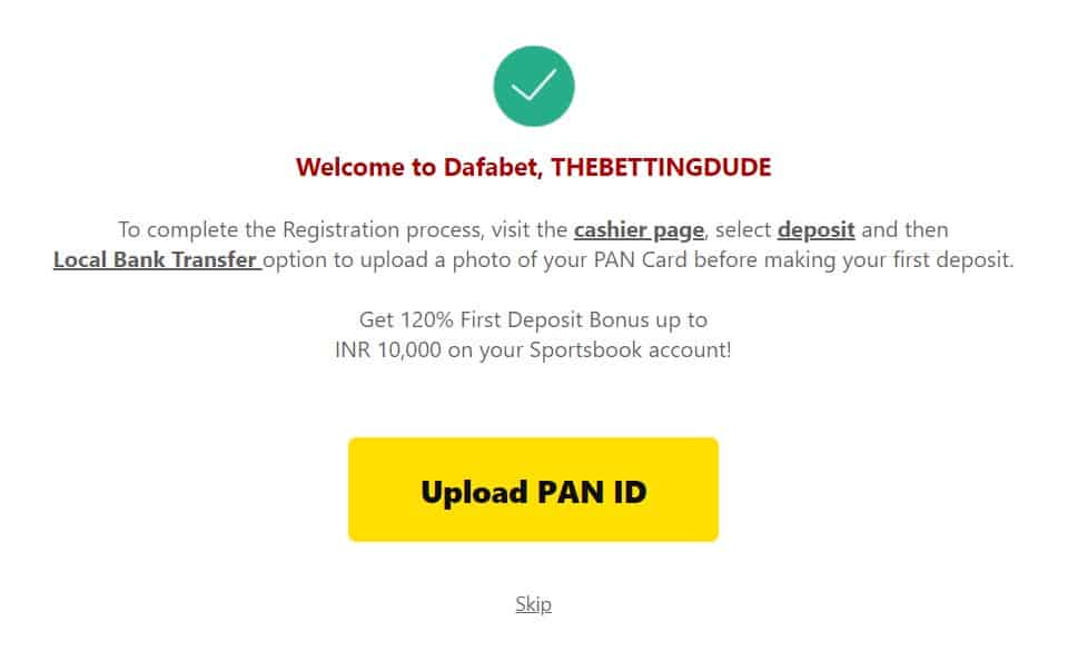 Dafabet Account Verification by PAN ID Upload