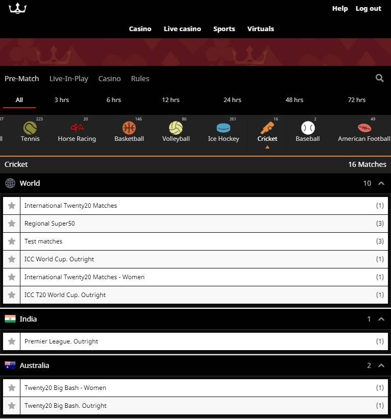 Image of some of the pre-match cricket betting markets at Royal Panda.