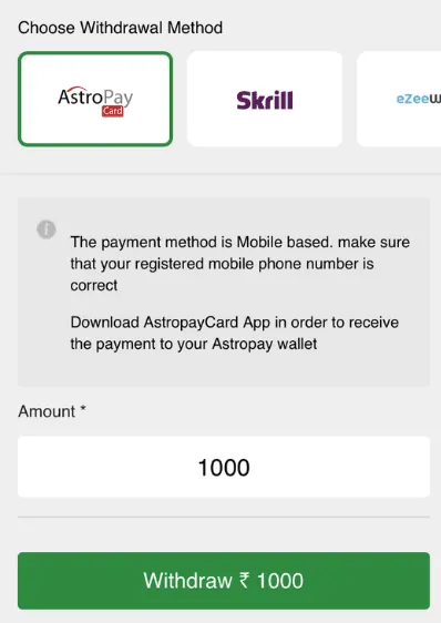 Screenshot of the third step to withdrawing at 10CRIC
