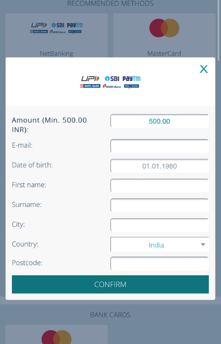 Screenshot of the second step to deposit at 22Bet