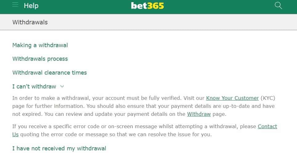 Screenshot from Bet365's website on account verification