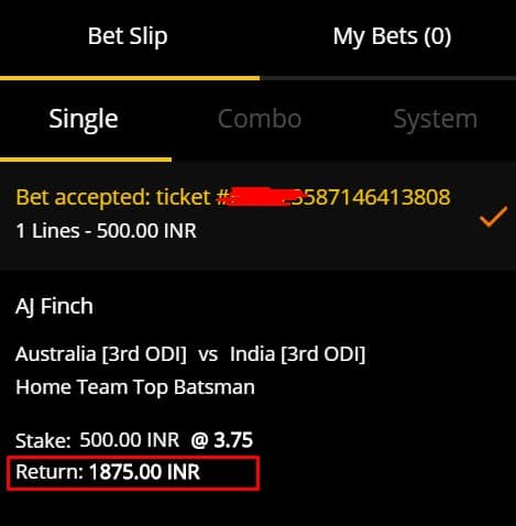Betting slip for Finch to be Australia top batsman in the 3rd ODI against India