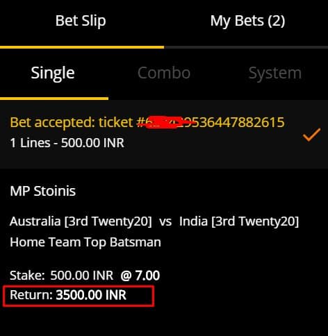 Betting slip for our hot bet for Australia v India 3rd T20I