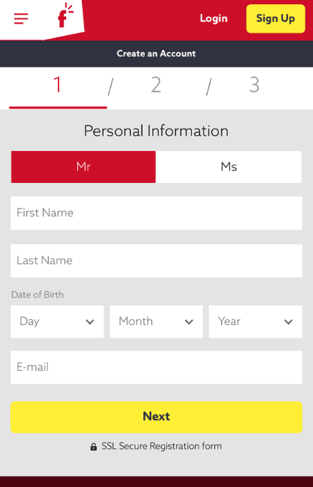 Screenshot of where you enter your name, date of birth and email address in the sign-up process at Funbet