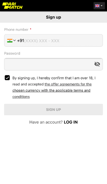 Screenshot of where you enter your mobile number in the sign-up process at Parimatch