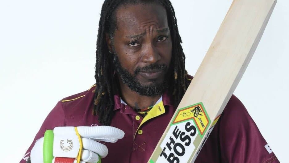 Chris Gayle "The Boss" holding up his bat