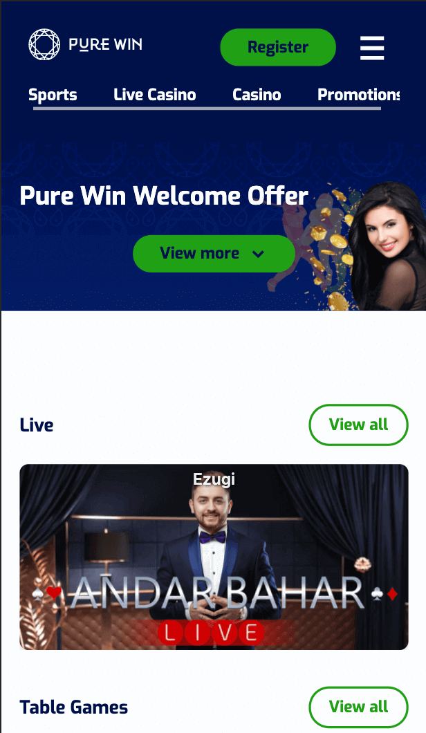 Screenshot of the first step to sign up at Pure Win