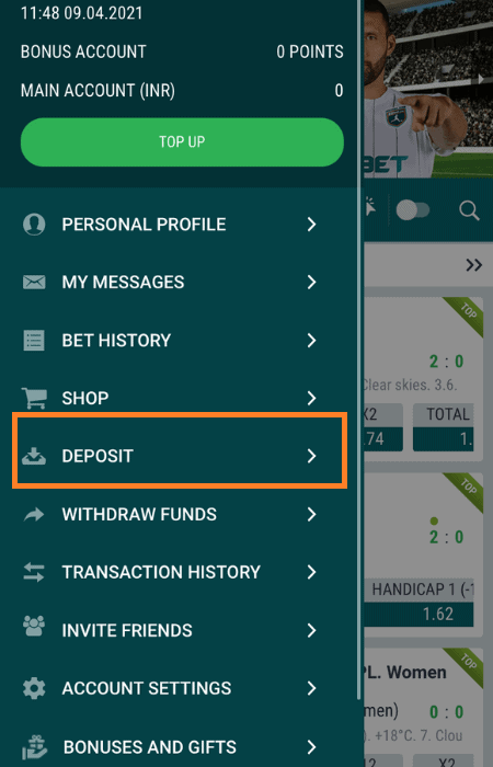 Screenshot of the second step to deposit at 22Bet