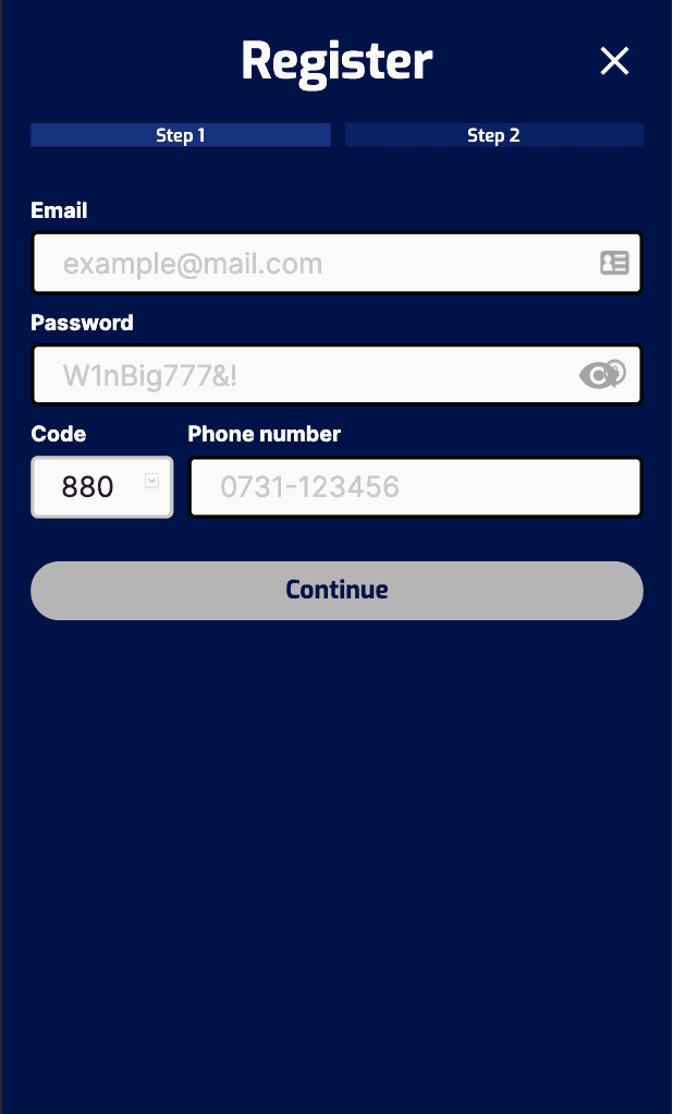 Screenshot of where you enter your email, password & mobile number in the sign-up process for Pure Win