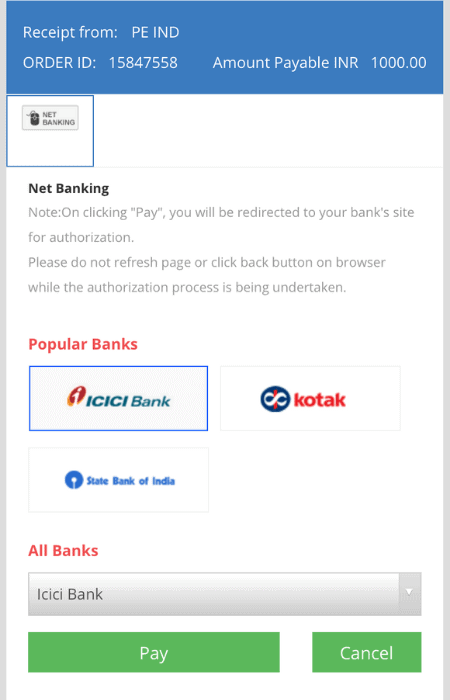 Screenshot of where you choose the payment methods for depositing at Bollybet