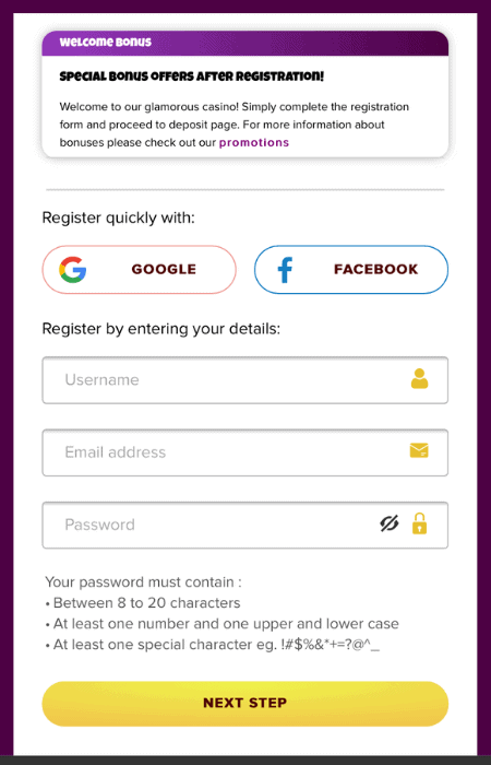 Screenshot of where to enter your username, email and password at Bollybet when signing up