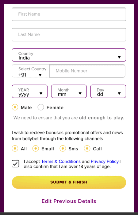 Screenshot of where to enter your personal details when signing up at Bollybet