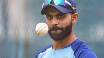 Ravi Jadeja looking on while playing for India