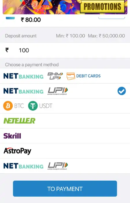Screenshot of the second step to depositing at Indibet