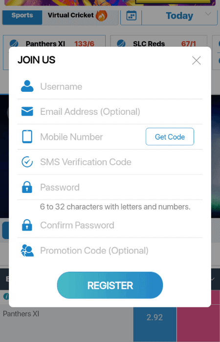 Screenshot of where register at Indibet