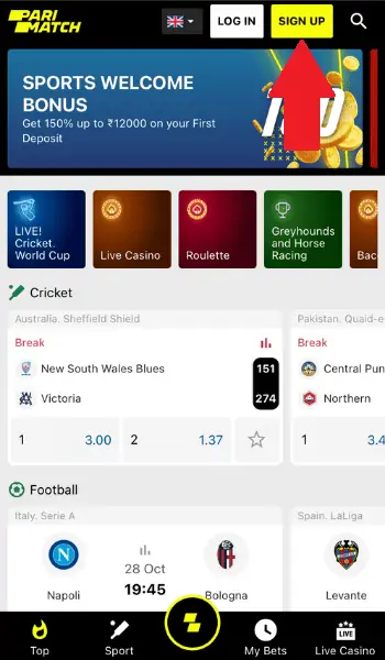 Screenshot of the first step to sign up at Parimatch