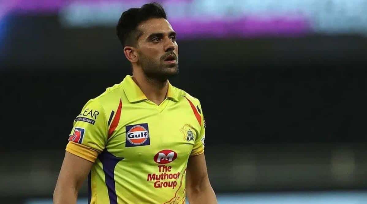 Deepak Chahar looking sad while playing for CSK