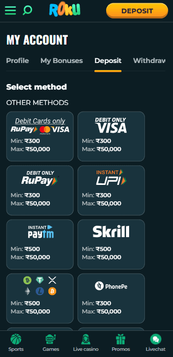 Screenshot of the third step to deposit at RokuBet