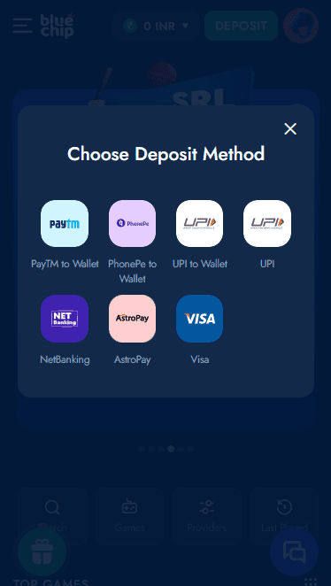 Screenshot of the second step to deposit at BlueChip