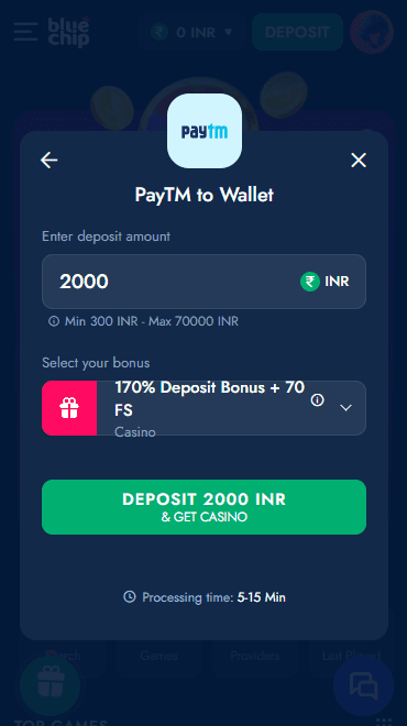 Screenshot of the third step to deposit at BlueChip