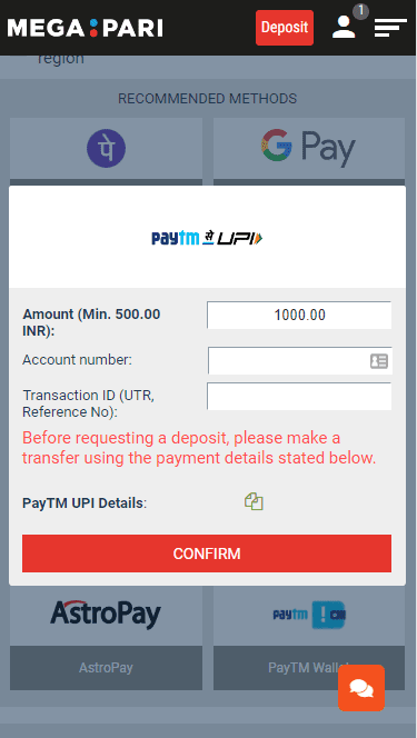 Screenshot of the third step to deposit at Megapari