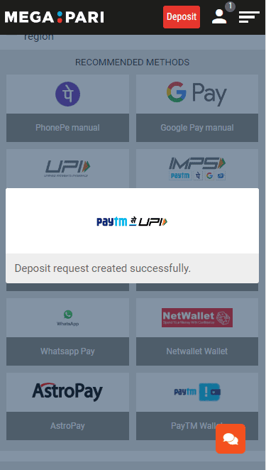 Screenshot of the fourth step to deposit at Megapari