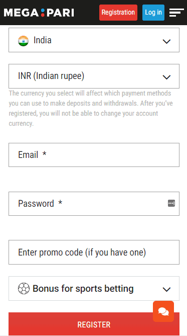 Second step to signing up at Megapari